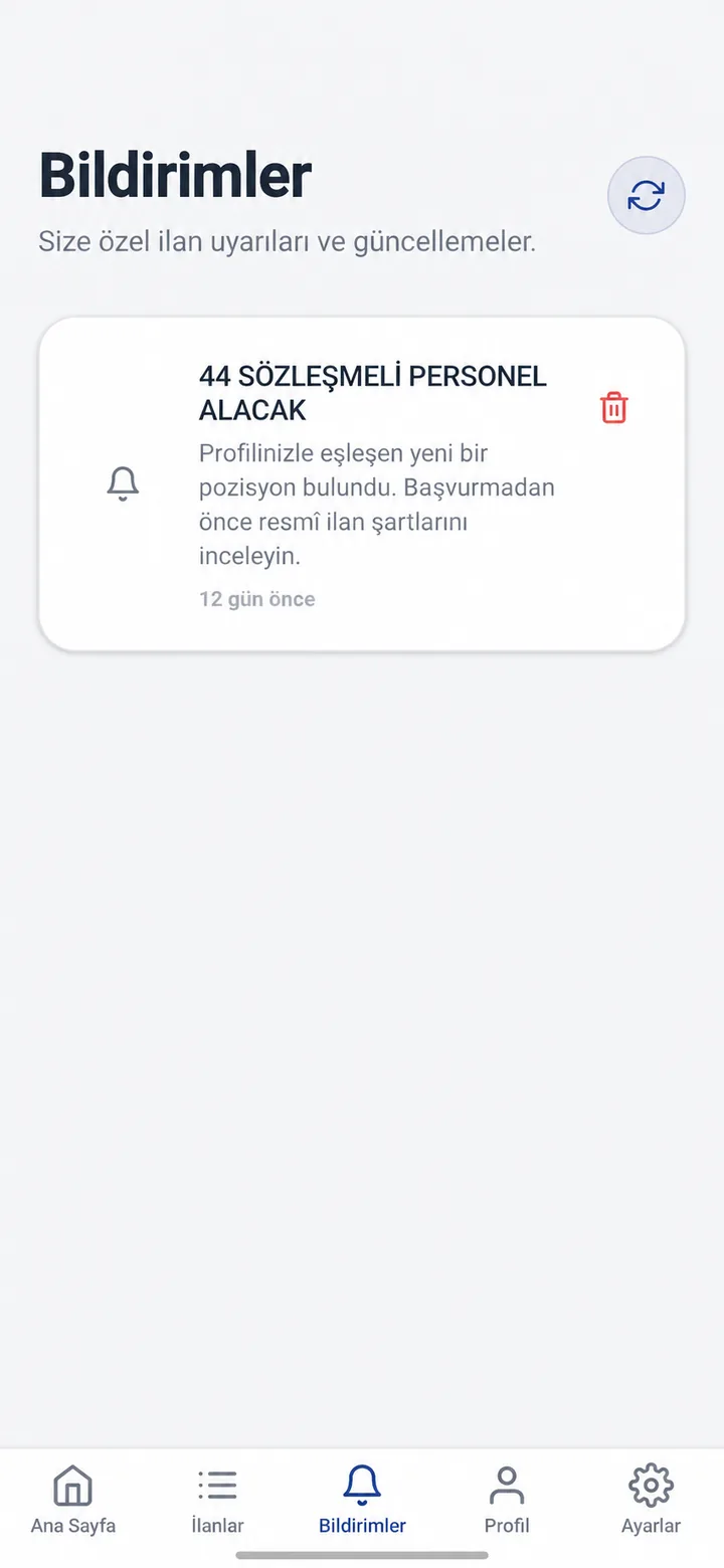 Bildirimler ekranı: profilinizle eşleşen ilan bildirimi