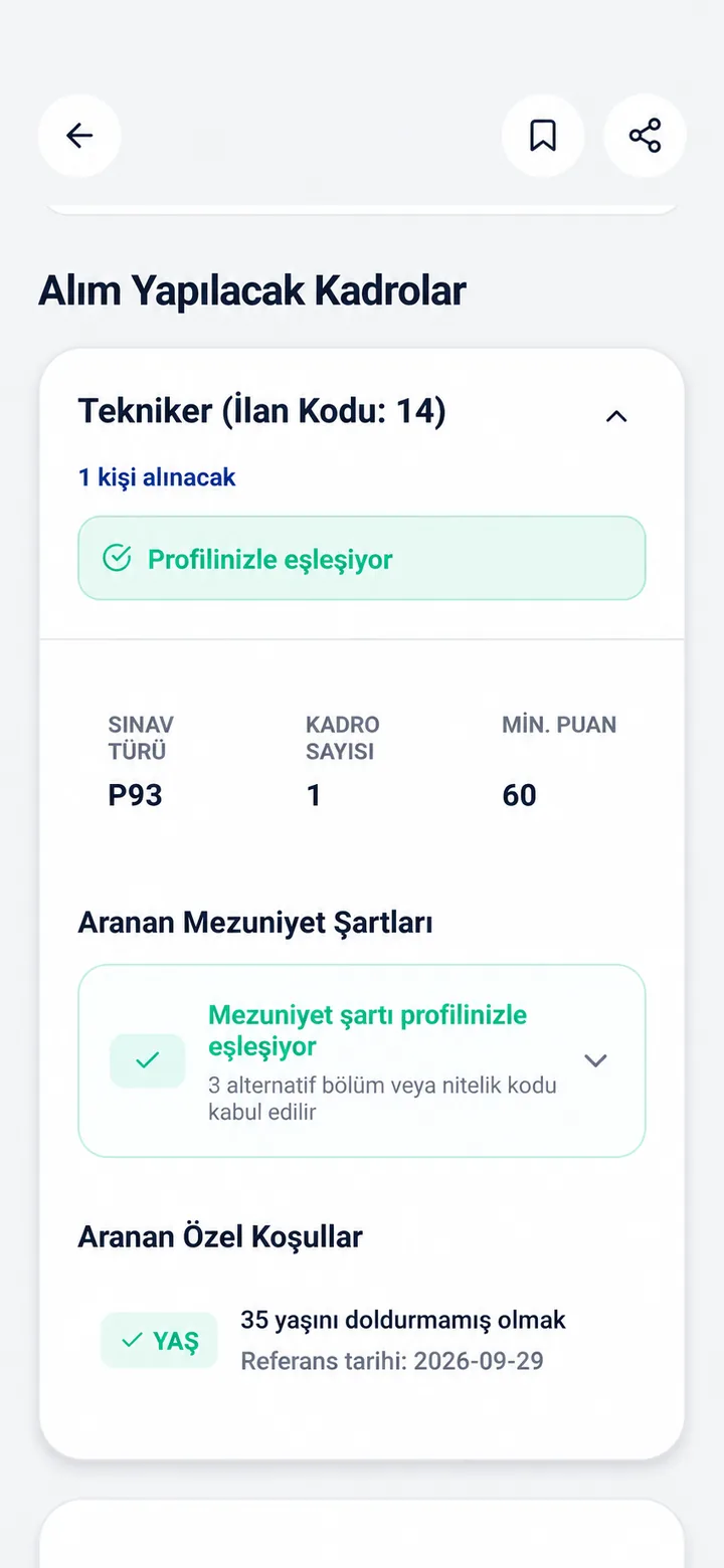 İlan detayı ekranı: kadro şartları ve profil eşleşmesi