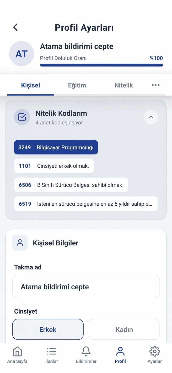 Profil ayarları ekranı: nitelik kodları ve kişisel bilgiler